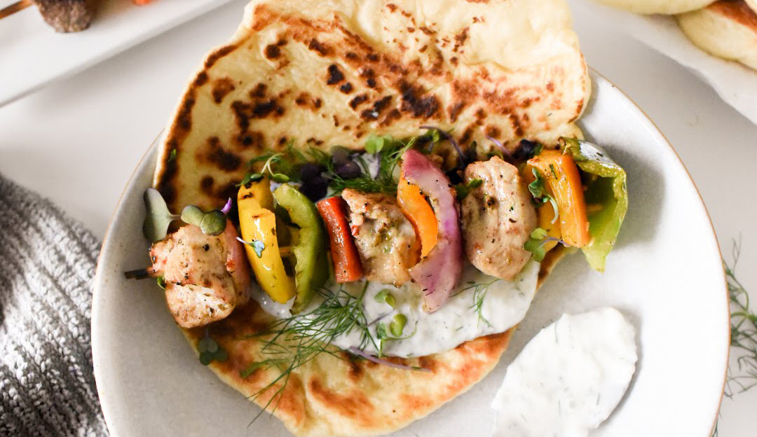 Greek Kabobs with Tzatziki and Warm Garlic Naan